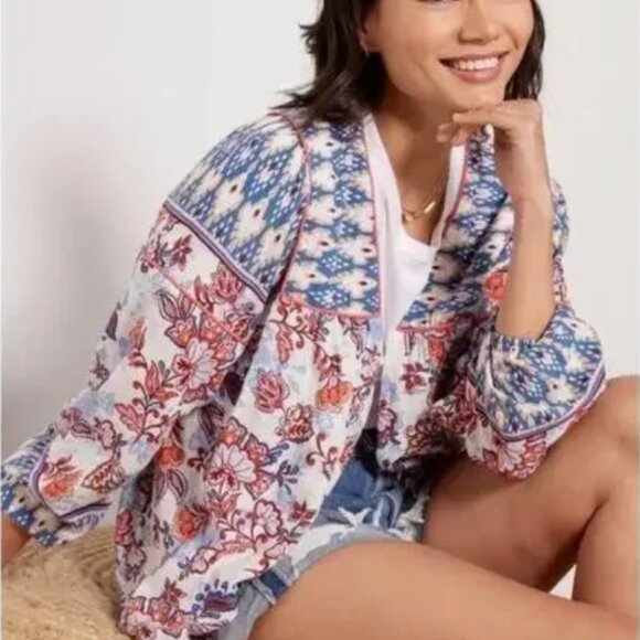 Evereve Penny Floral Wrap Cardigan Women's M/L Blue Multicolor Boho Linen NWOT‎ - Picture 1 of 9